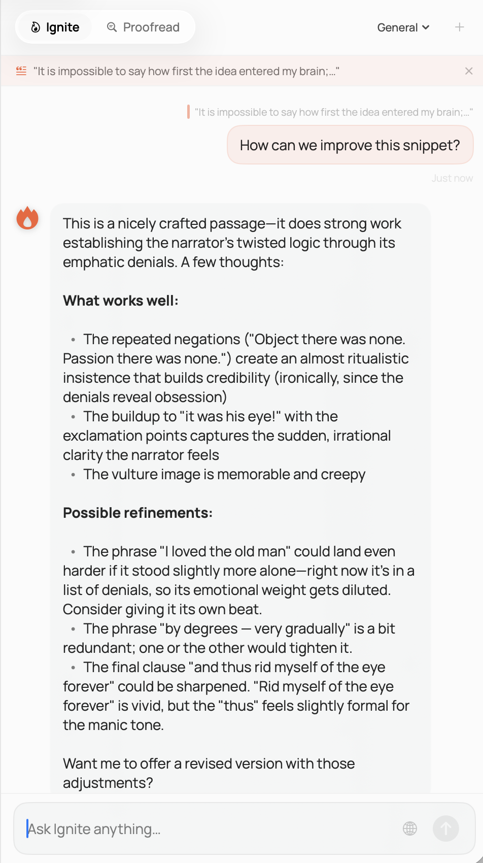 Ignite AI panel showing contextual writing feedback