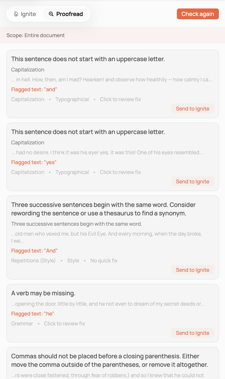 Proofreading panel showing grammar and style checks