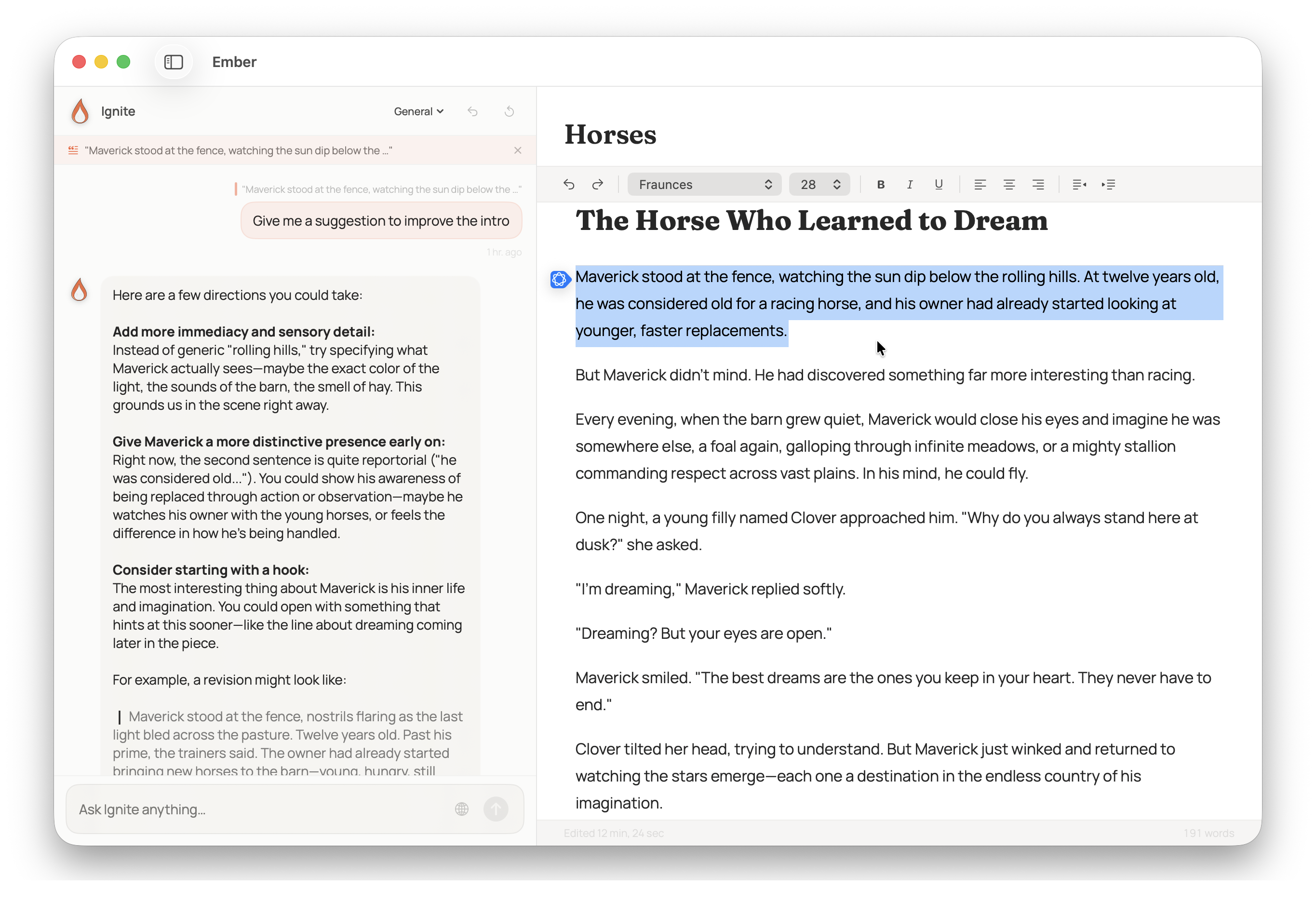 Ember editor interface in dark mode